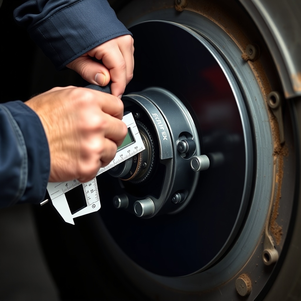 close-up photo of a technician using a feeler gauge to measure brake magnet clearance on a