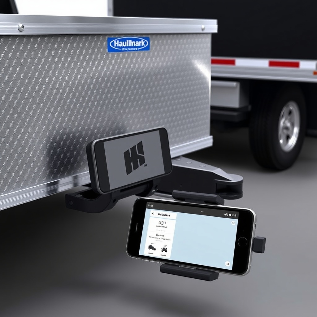 A clean photorealistic photo of a Haulmark Edge 6x12 trailer hitched to a truck