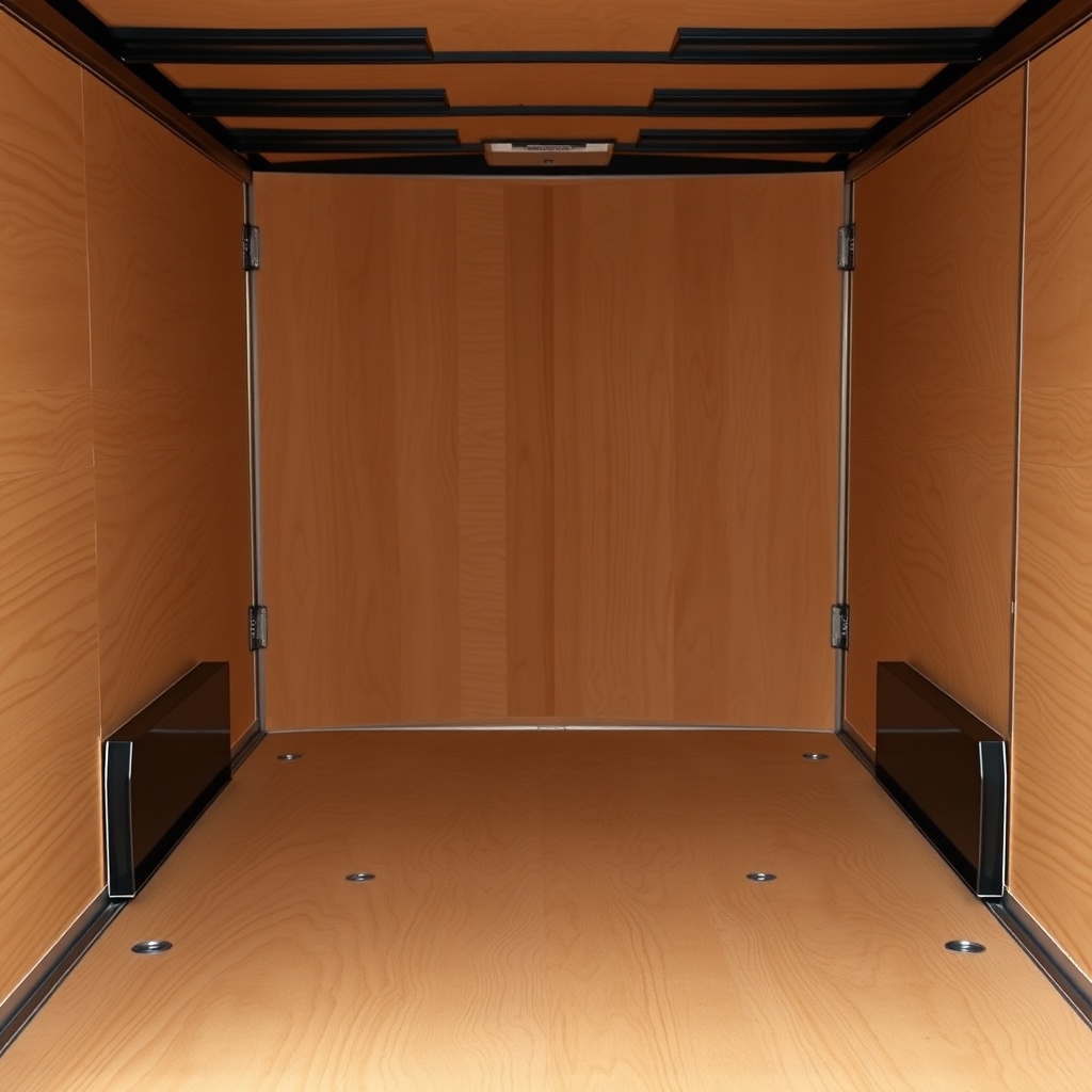 A clean photorealistic photo of a Haulmark Edge 6x12 trailer interior showing a plywood fl