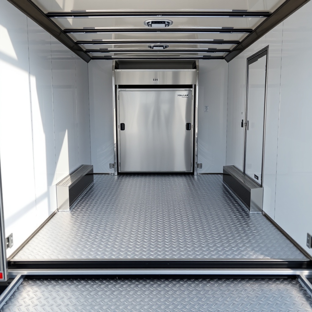 A clean photorealistic photo of a Haulmark Edge 6x12 interior showing aluminum diamond pla