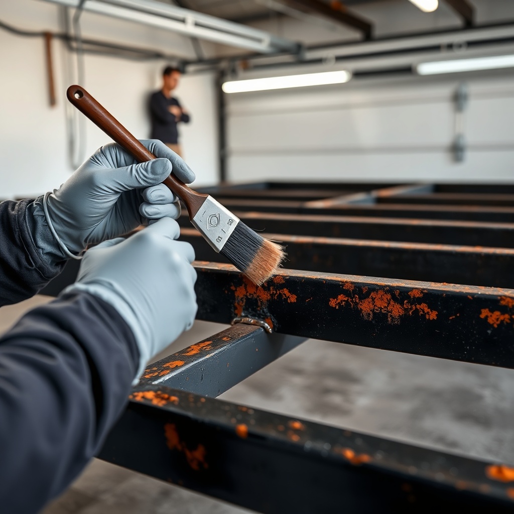 A photorealistic close-up photo of a person wearing rubber gloves applying rust converter