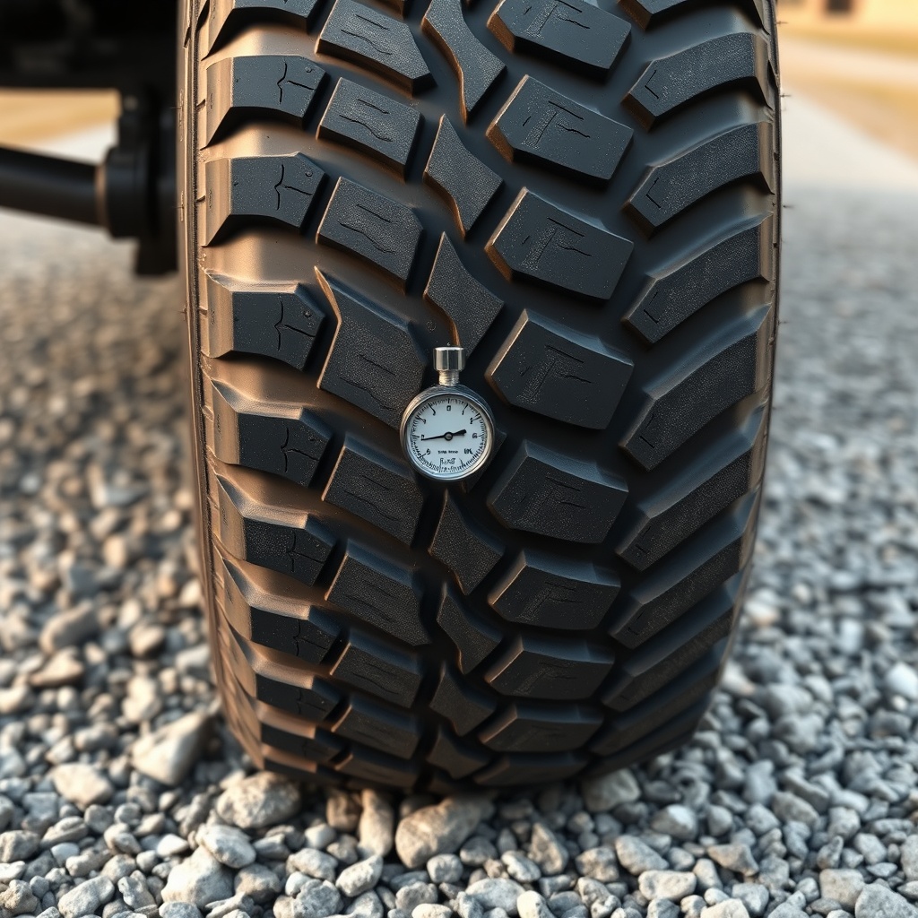A close-up photorealistic photo of a Haulmark Edge 6x12 tire on a gravel road