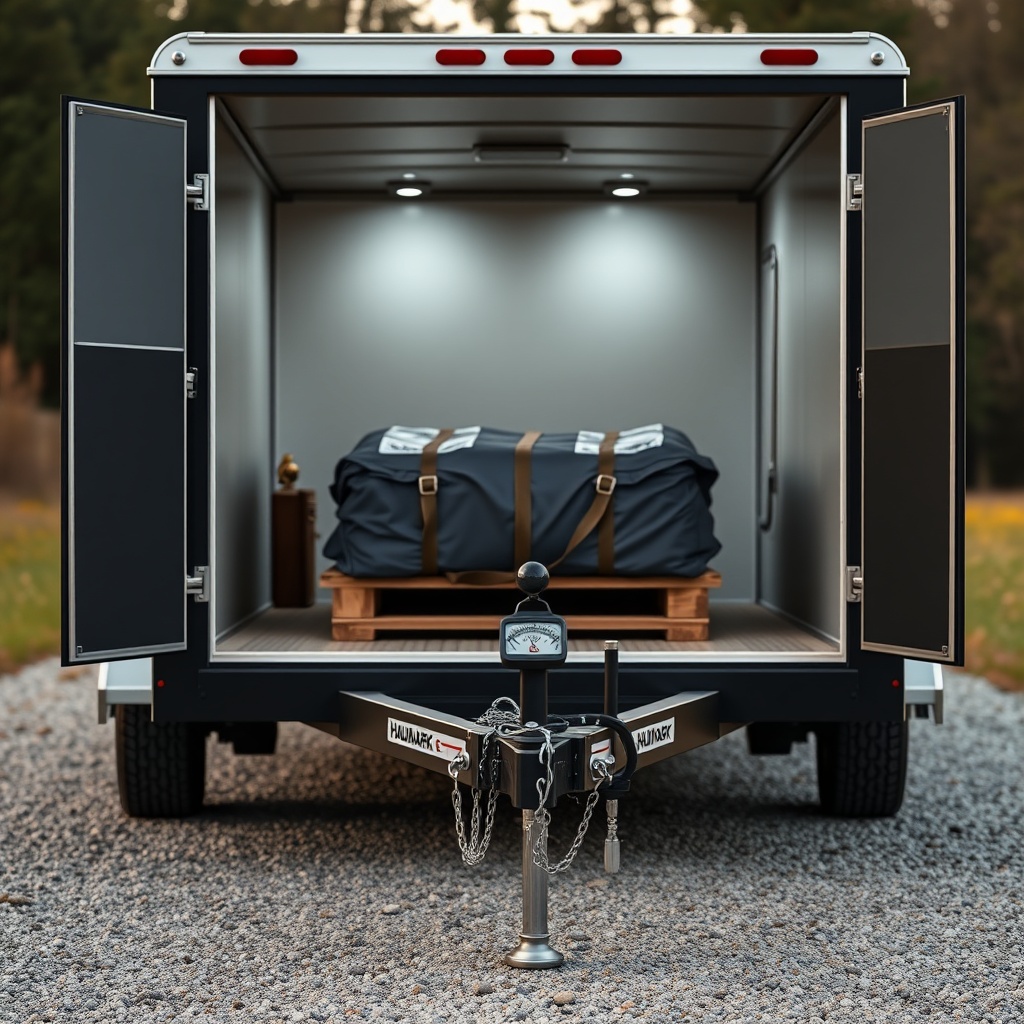A photorealistic photo of a Haulmark Edge 6x12 parked on a gravel road with its rear doors