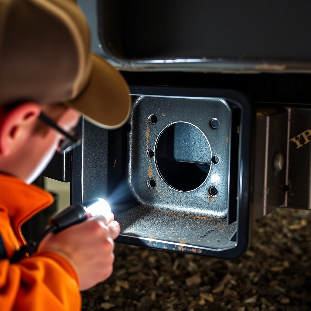 Farmer inspecting the Haulmark Edge 6x12 hitch receiver with a flashlight