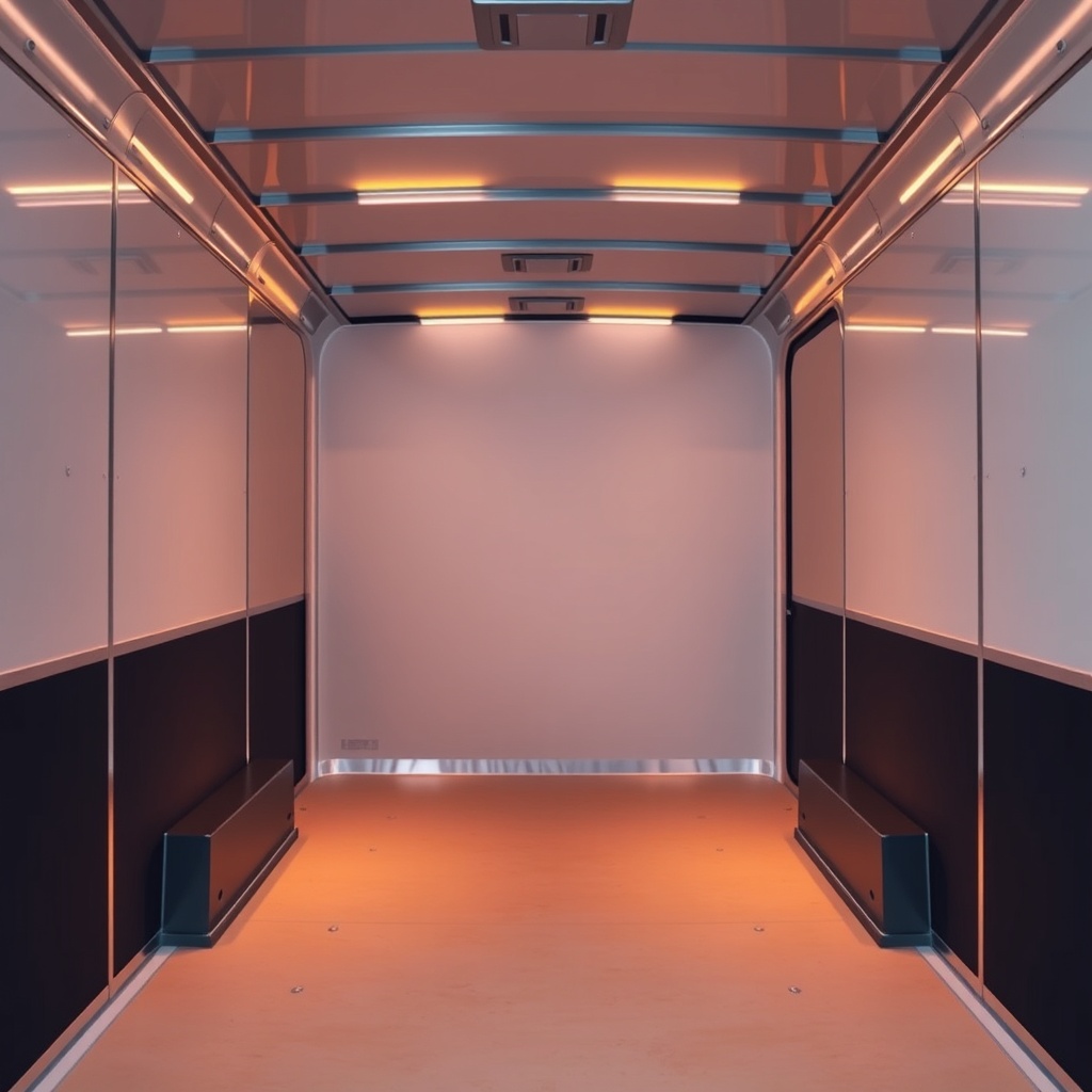 <clean photorealistic photo of a Haulmark Edge 6x12 interior with warm LED strip lighting
