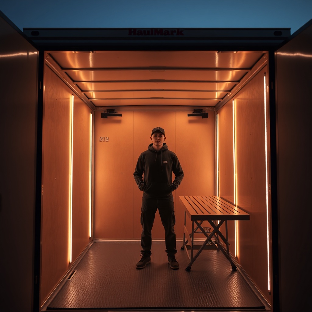<clean photorealistic photo of a person standing inside a Haulmark Edge 6x12 at dusk