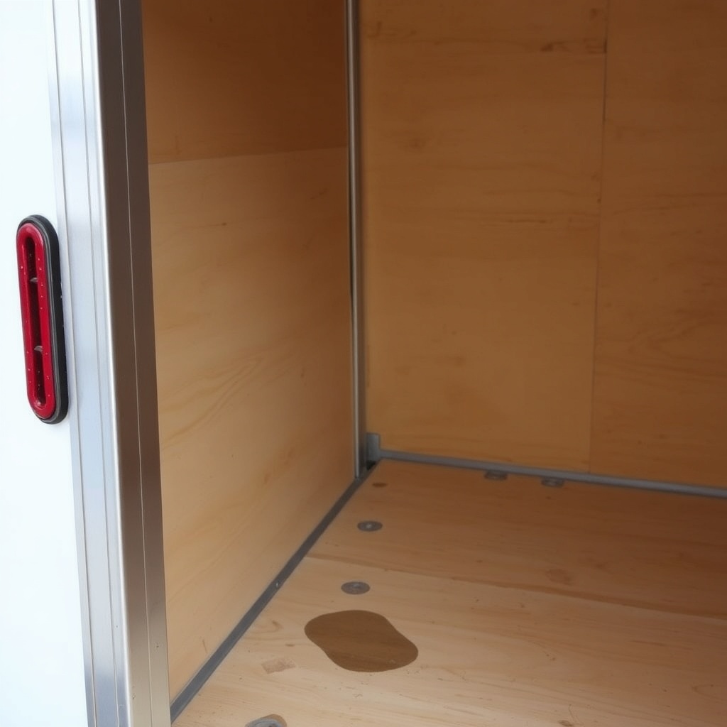 Realistic photograph showing a close-up of a Haulmark Edge 6x12 rear door corner with the
