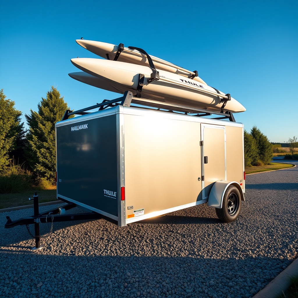 Photorealistic wide-angle photo of a Haulmark Edge 6x12 trailer parked on a gravel drivewa