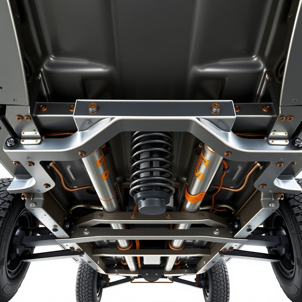 A photorealistic photo showing a completed underside view of a Haulmark Edge 6x12 with the