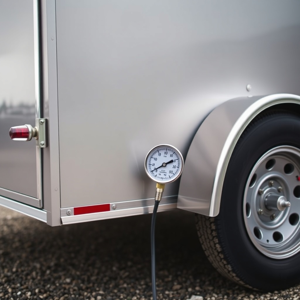 <A clean photorealistic photo of a Haulmark Edge 6x12 trailer parked on a gravel lot