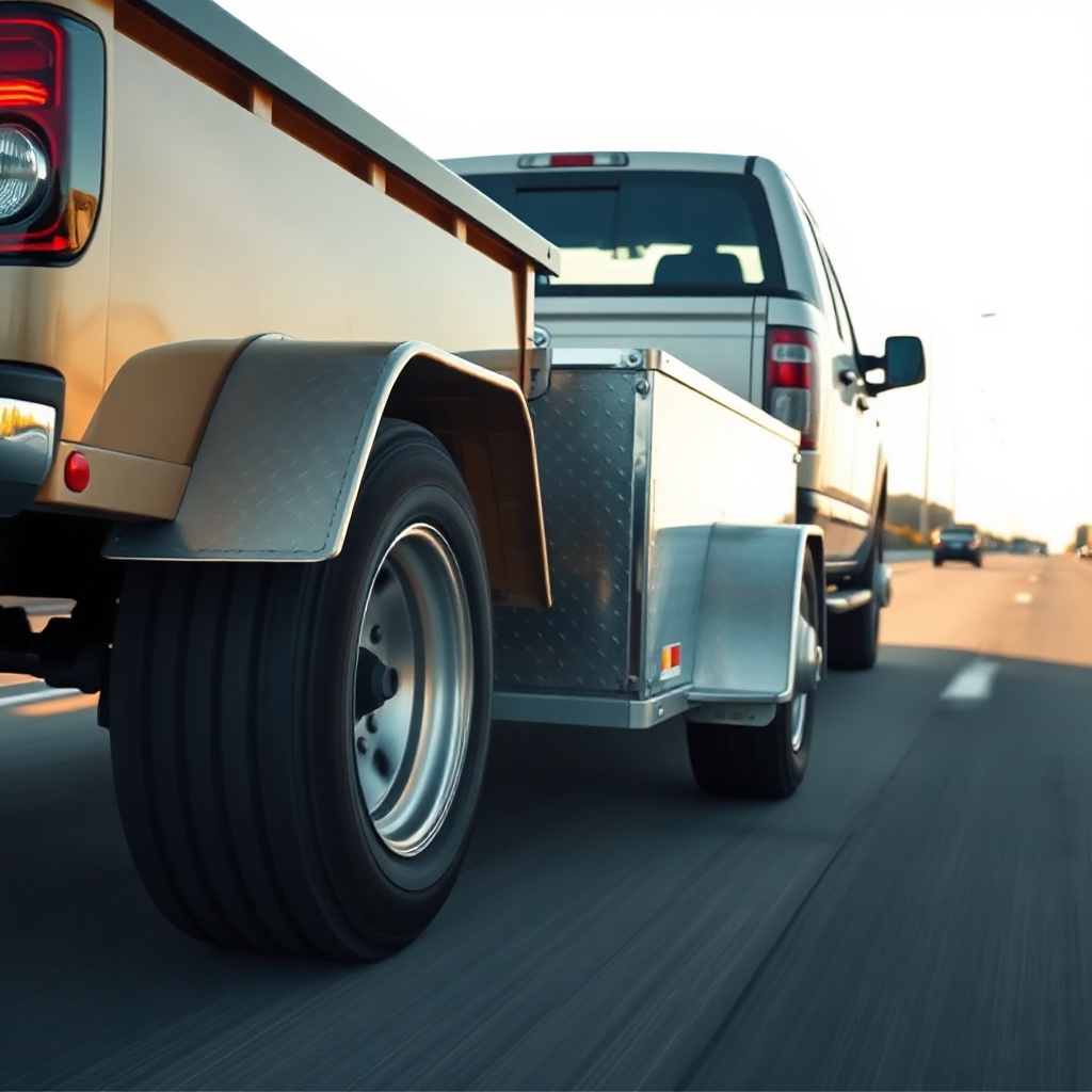 <A clean photorealistic photo of a Haulmark Edge 6x12 trailer hooked to a pickup truck on