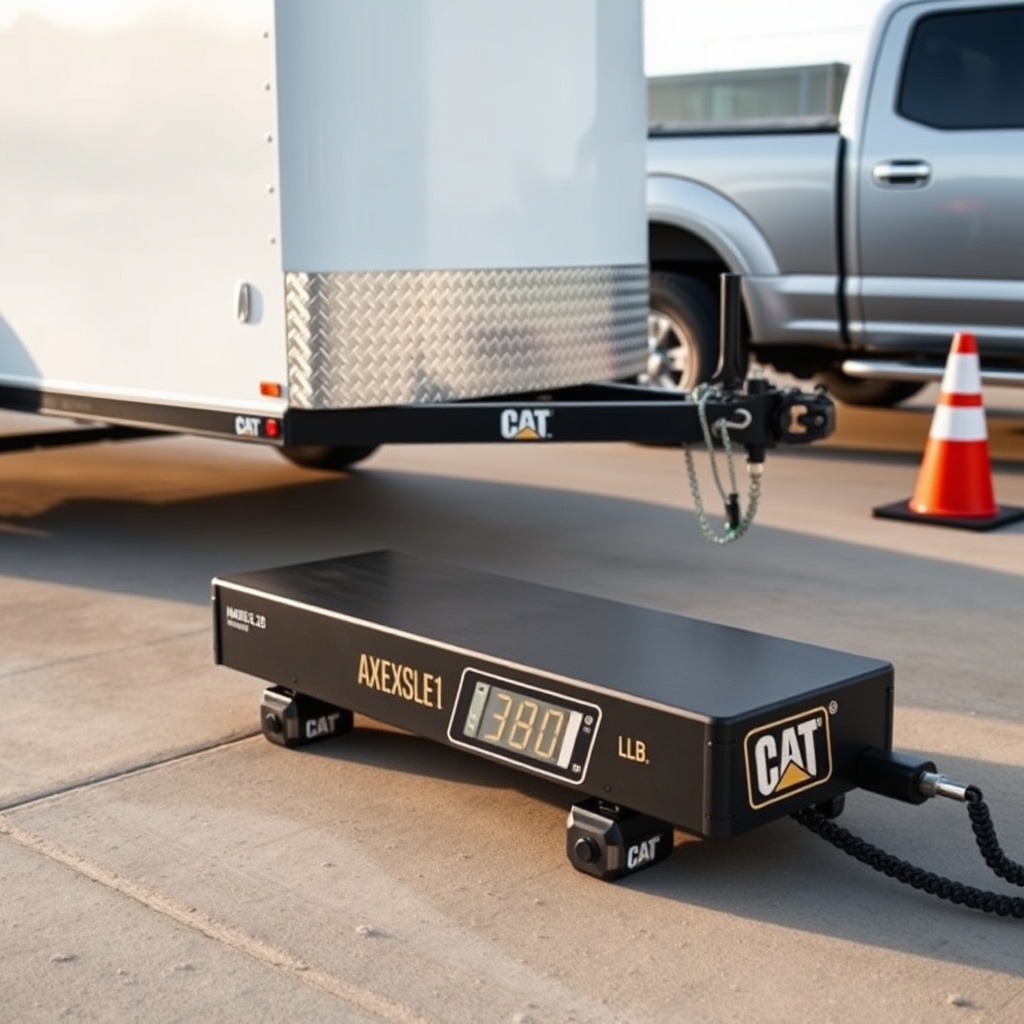 A clean photorealistic photo of a Haulmark Edge 6x12 on a CAT scale