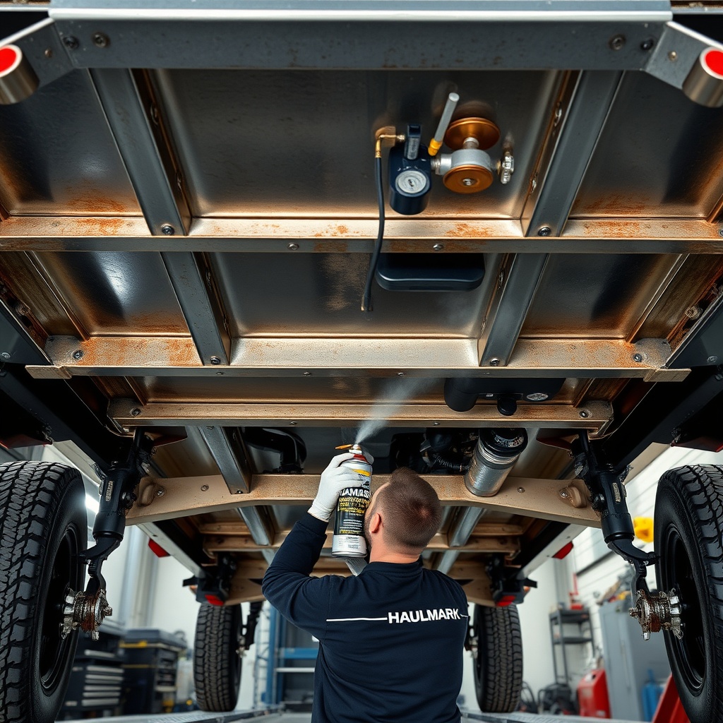 A clean photorealistic photo showing the underside of a Haulmark Edge 6x12 trailer with a