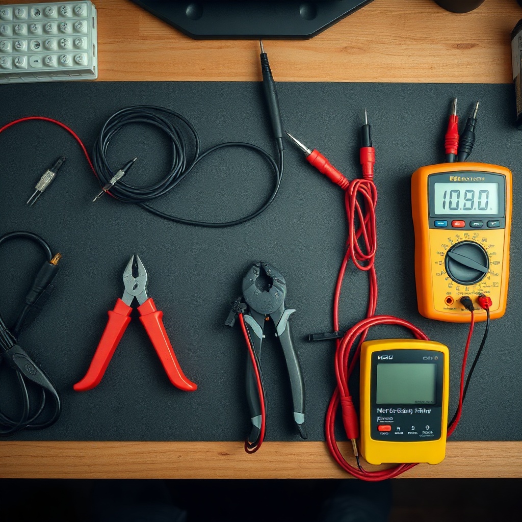 A clean photorealistic overhead shot of a workbench with wires