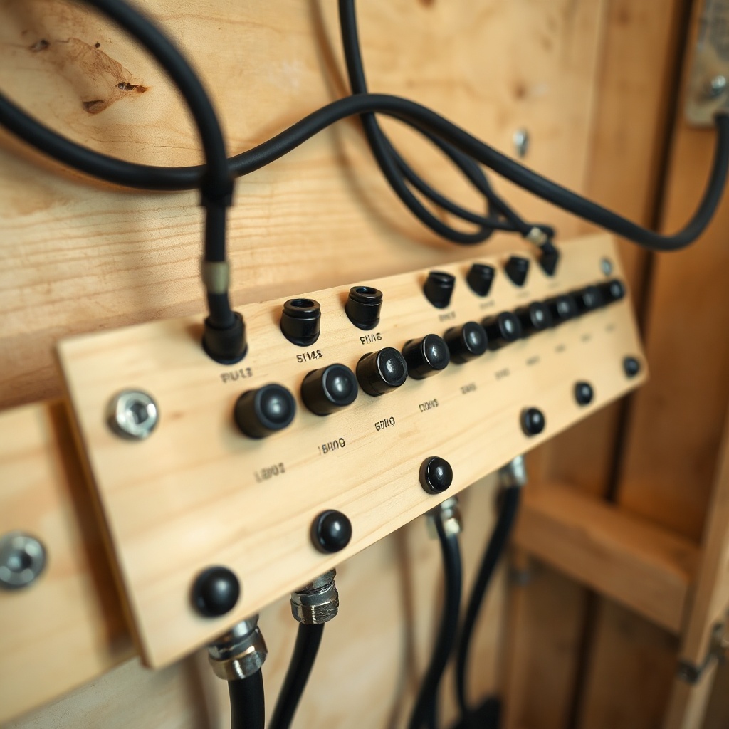 A photorealistic close-up of a marine-grade negative bus bar mounted on plywood