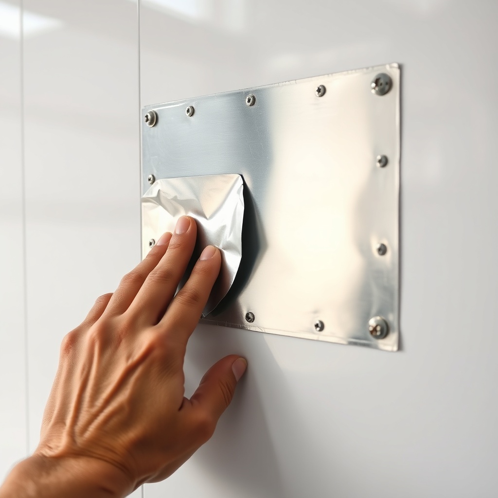 close-up photo of a hand pressing a silver aluminum patch onto a white trailer side wall